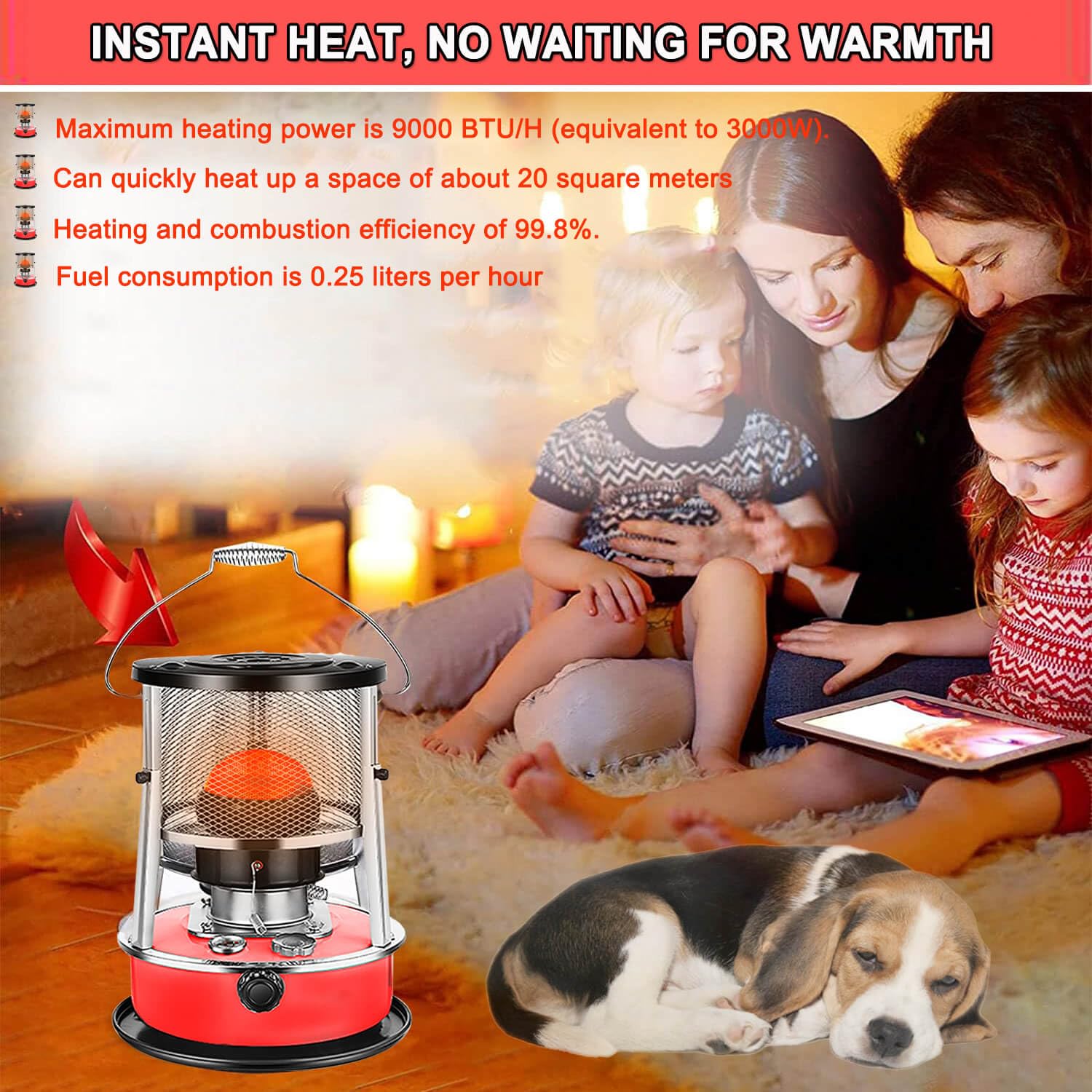 Kerosene Heater, 2 in 1 Kerosene Heater for Indoor Use, 9000 BTU, Portable Kerosene Heater, Kerosene Space Heaters for Heating, Fishing, Hunting, Hiking, Camp Tent Heater (4.6L)