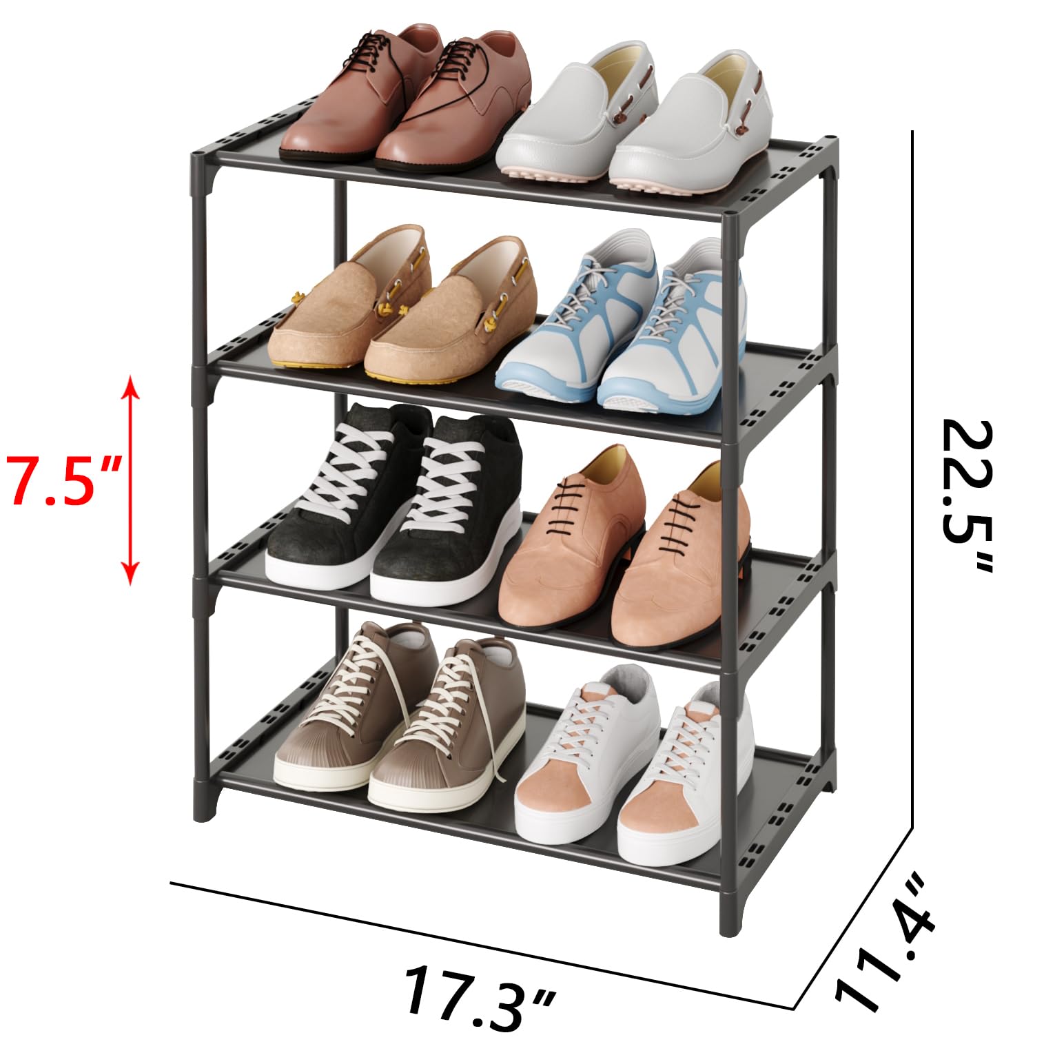 TAUEHR 4-Tier Small Shoe Rack,Stackable Kids Shoe Organizer Storage,Narrow Shoe Shelf for Closet,Entryway and Hallway -17.4" W x 11.4" D x 22.5" H (Black)