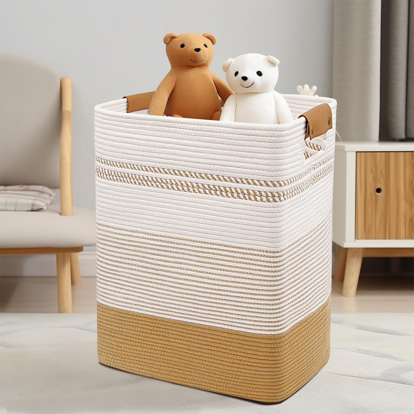 DOFASAYI Laundry Hamper - 85L Large Laundry Basket with Leather Handles, Decorative Storage Basket for Blankets - Clothes Hamper for Living Room, Bedroom, Jute & White