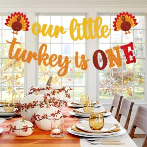 Our Little Turkey is One Banner Thanksgiving 1st Birthday Decoration First Fall Bday Decor Thankful 1st Birthday Baby Shower Garland Pumpkin Maple Leaves theme Event Celebration Supplies