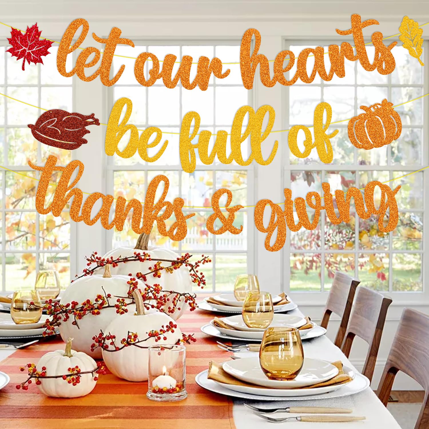 Let Our Hearts be Full of Thanksgiving Banner Thankful Decoration Thank You for All You Do Backdrop Pumpkin Fall Maple Leaves Turkey theme Party Bulletin Board Decor