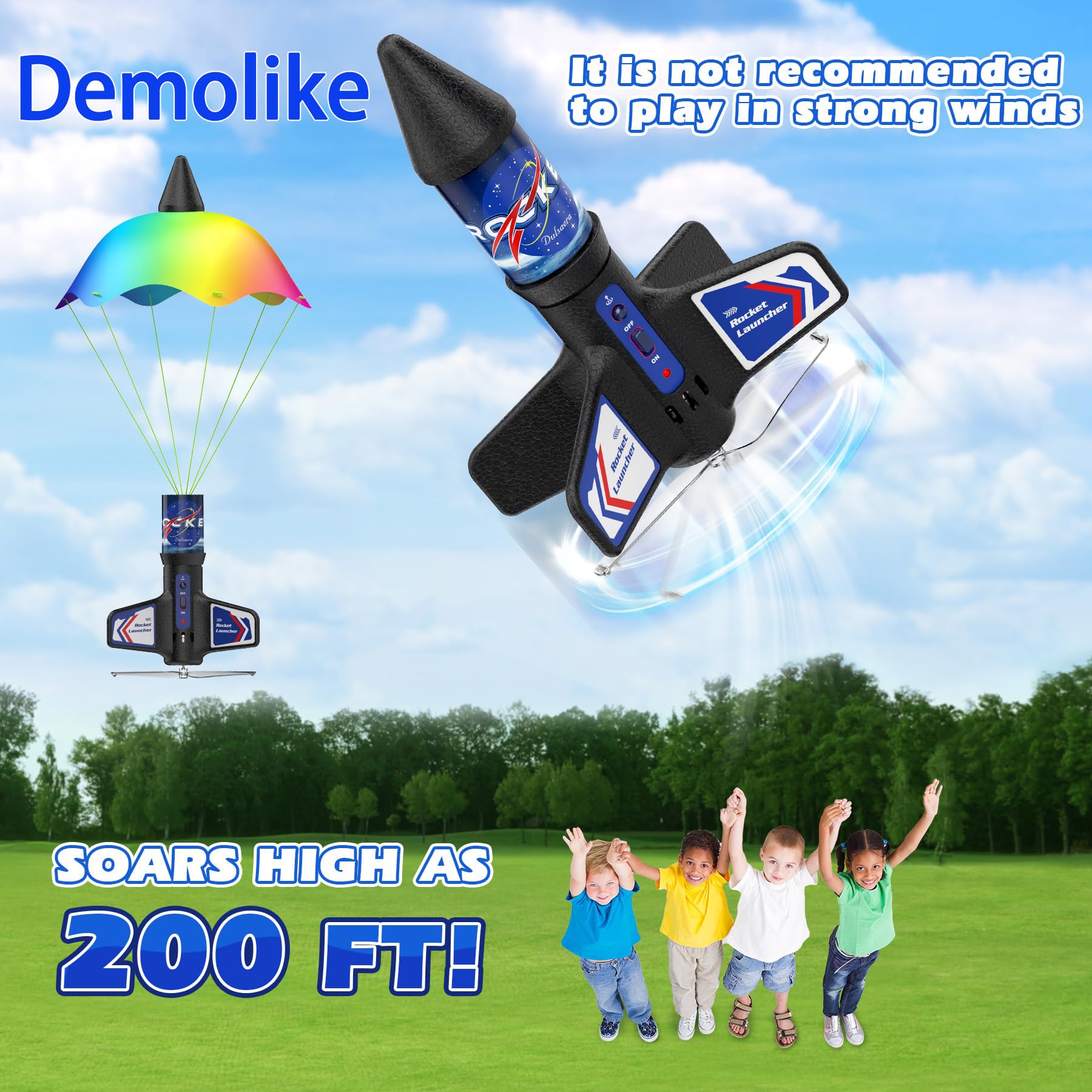 Demolike Rocket Launcher for Kids Automatic Launch 200 Feet Air Rocket Toy for Boy 10 Years Old Air Rocket with Safety Parachute and LED Outdoor Rocket Kits Toys Gifts for Kids Age 5 6 7 8 9 10 11 12