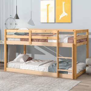 cnanxu twin low bunk bed,twin loft bed with ladder for boys and girls, wood loft bed twin over twin bunk bed frame with full length guardrail multifunctional design,wooden slat support (natural)