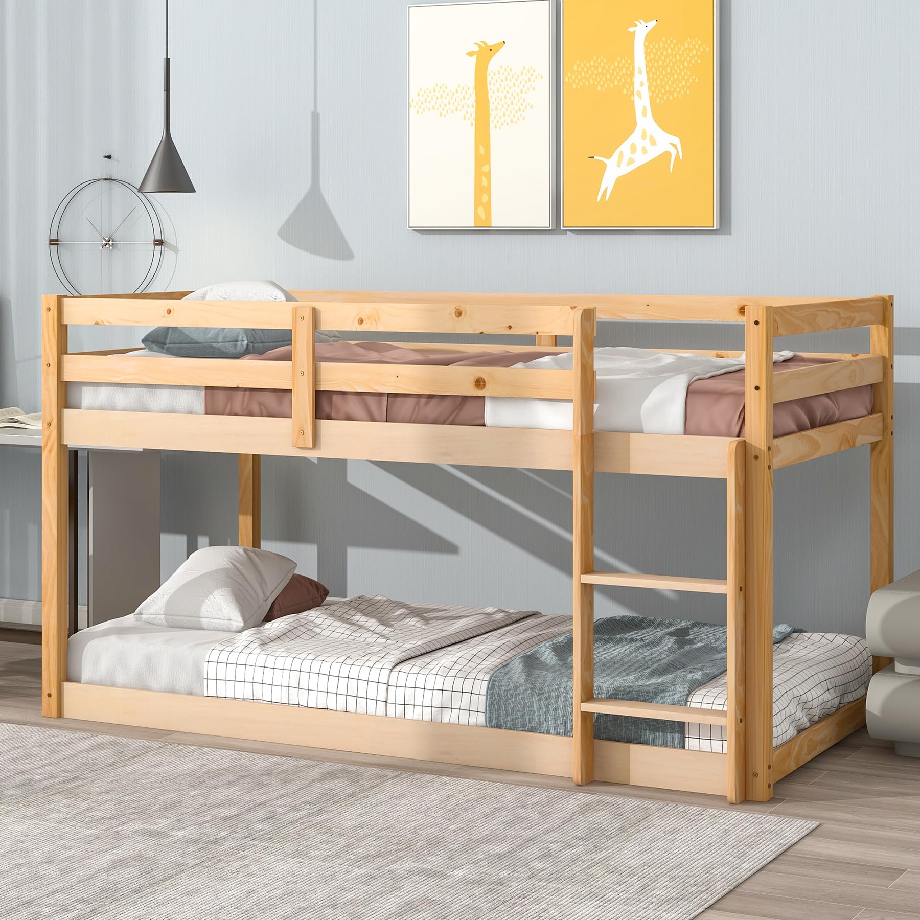 CNANXU Twin Low Bunk Bed,Twin Loft Bed with Ladder for Boys and Girls, Wood Loft Bed Twin Over Twin Bunk Bed Frame with Full Length Guardrail Multifunctional Design,Wooden Slat Support (Natural)