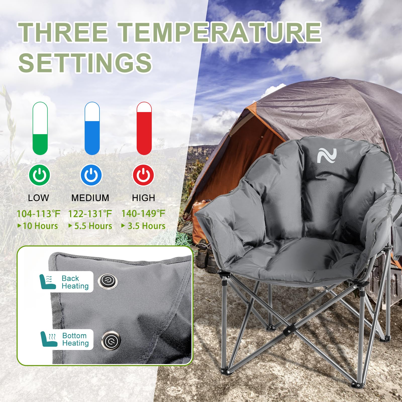 Slsy Oversized Heated Camping Chair Heats Back and Seat, Heated Portable Camp Chair with 3 Heat Levels, Heavy Duty Heated Moon Chair for Lawn, Outdoor, Picnic, Lounge Patio