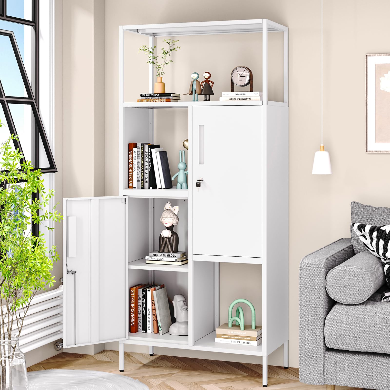 AFAIF Bookshelf with Doors, 71" H Tall Bookcase with Storage Shelves and Lock, Modern Open Shelf Bookcase, White Metal Bookcases with Storage Cabinet for Home Office, Bedroom, Living Room