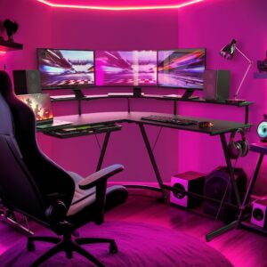 SHW L Shaped Gaming Desk with Full Around Monitor Stand and Drawer, Black