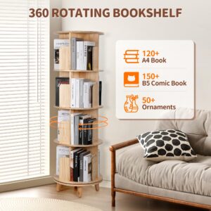 Rengue Rotating Bookshelf Tower, 4 Tiers Floor Standing Bookcase Storage Rack, 360 Display Round Spinning Bookshelf with Detachable Feet for Small Space, Bedroom, Living Room, Office