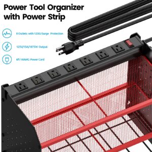 FUZVOL Power Tool Organizer Wall Mount With Power Strip 8-outlet Surge Protector, Heavy Duty Garage Storage Shelves Rack With Drill Bit Holder, Cordless Power Tool Holder With Charging Station，Red