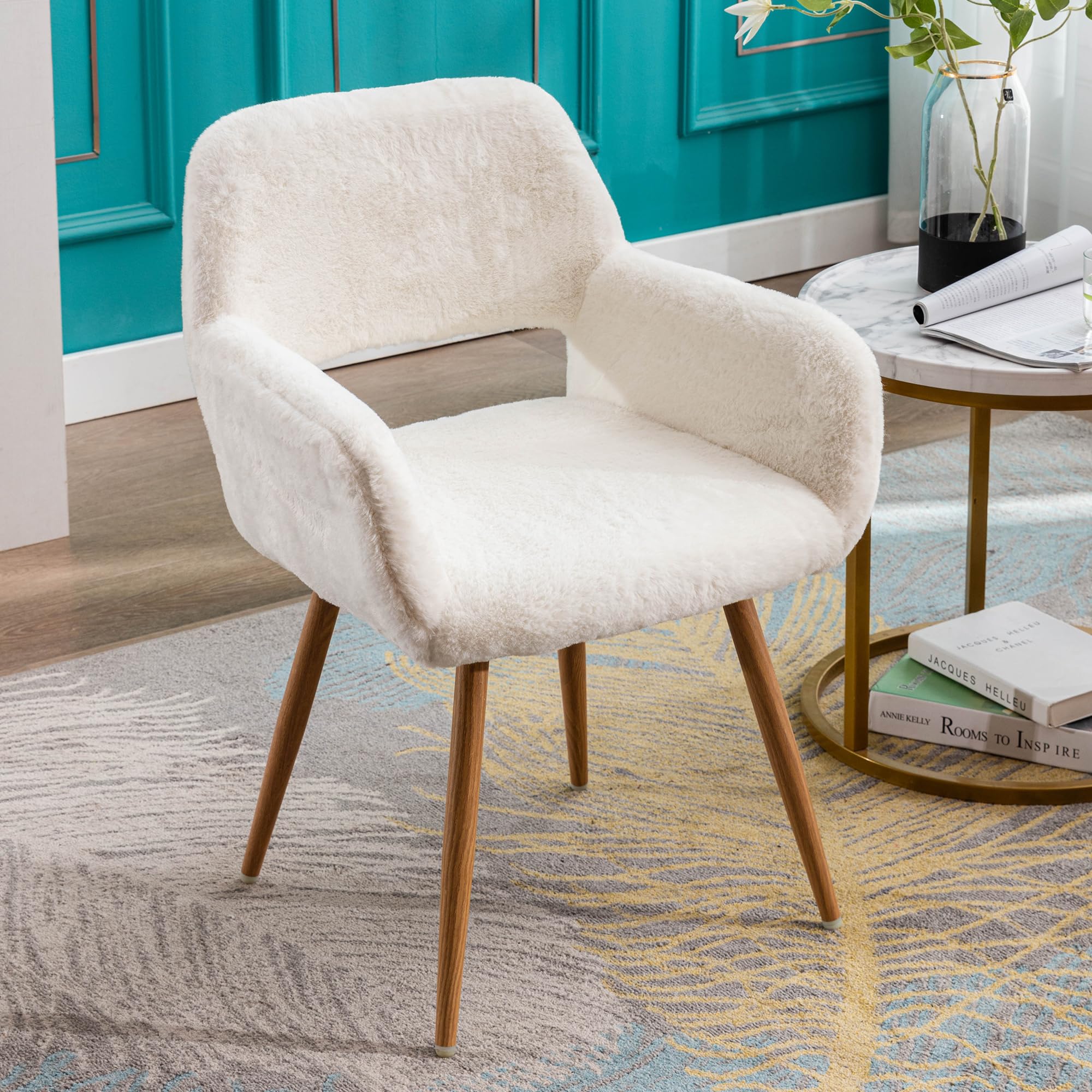 Homedraft Home Office Faux Fur Dining Chair, Fluffy Makeup Vanity Chair, Comfy Accent Armchair with Wood Grain Metal Legs, Cute Desk Chair with Hollowed Back, White