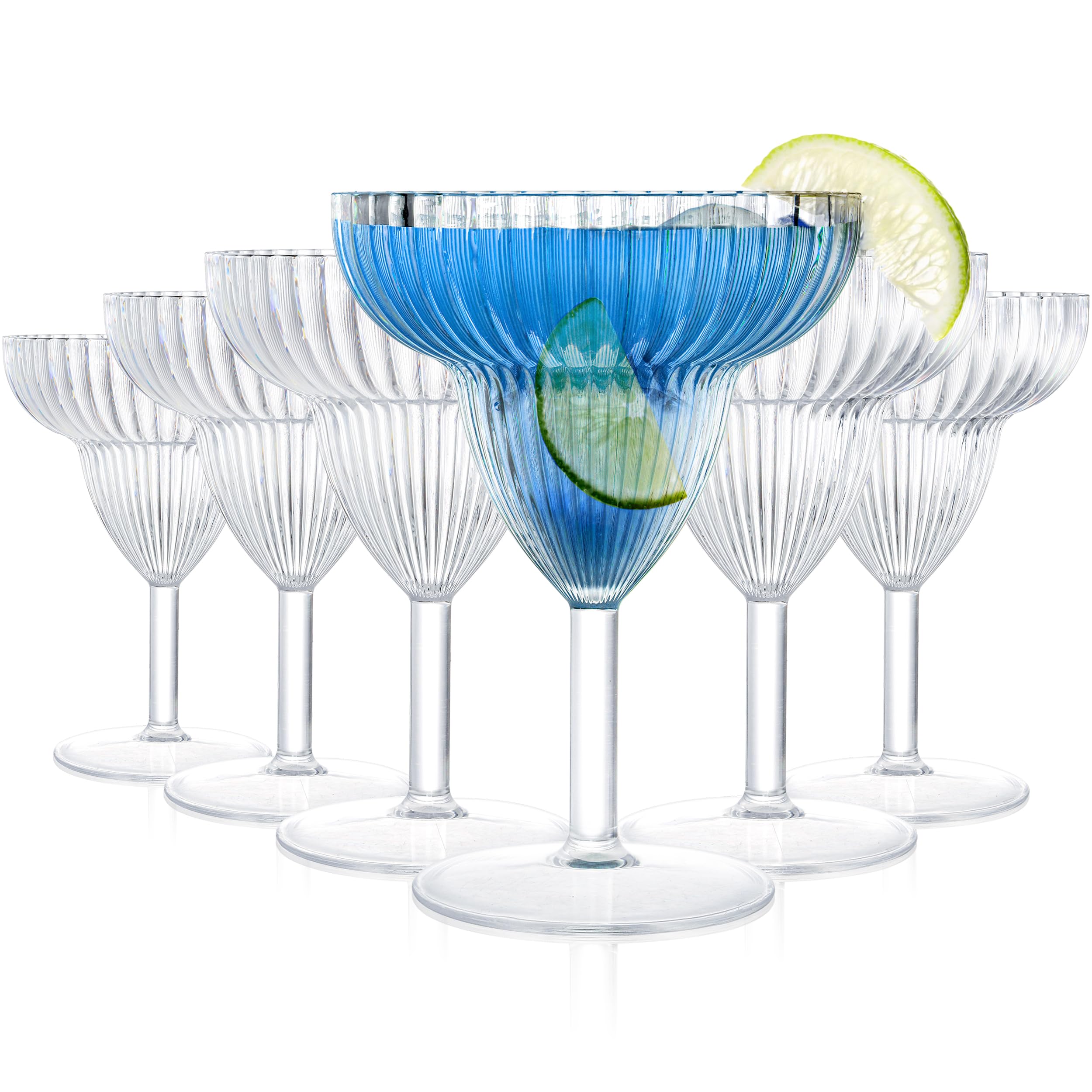 Cididu Set of 6 Stemmed Margarita Glasses Cups, 14 oz Clear Acrylic Party Drinking Glasses Goblet, Reusable Ribbed Tequila Spicy Margarita Glassware, Cocktail Martini Bar Accessories