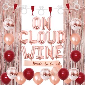 bride on cloud wine bachelorette party decoration, wedding bridal shower decorations with wine bottle ring garland, on cloud wine foil balloon banner and latex, bride to be sash and foil curtain