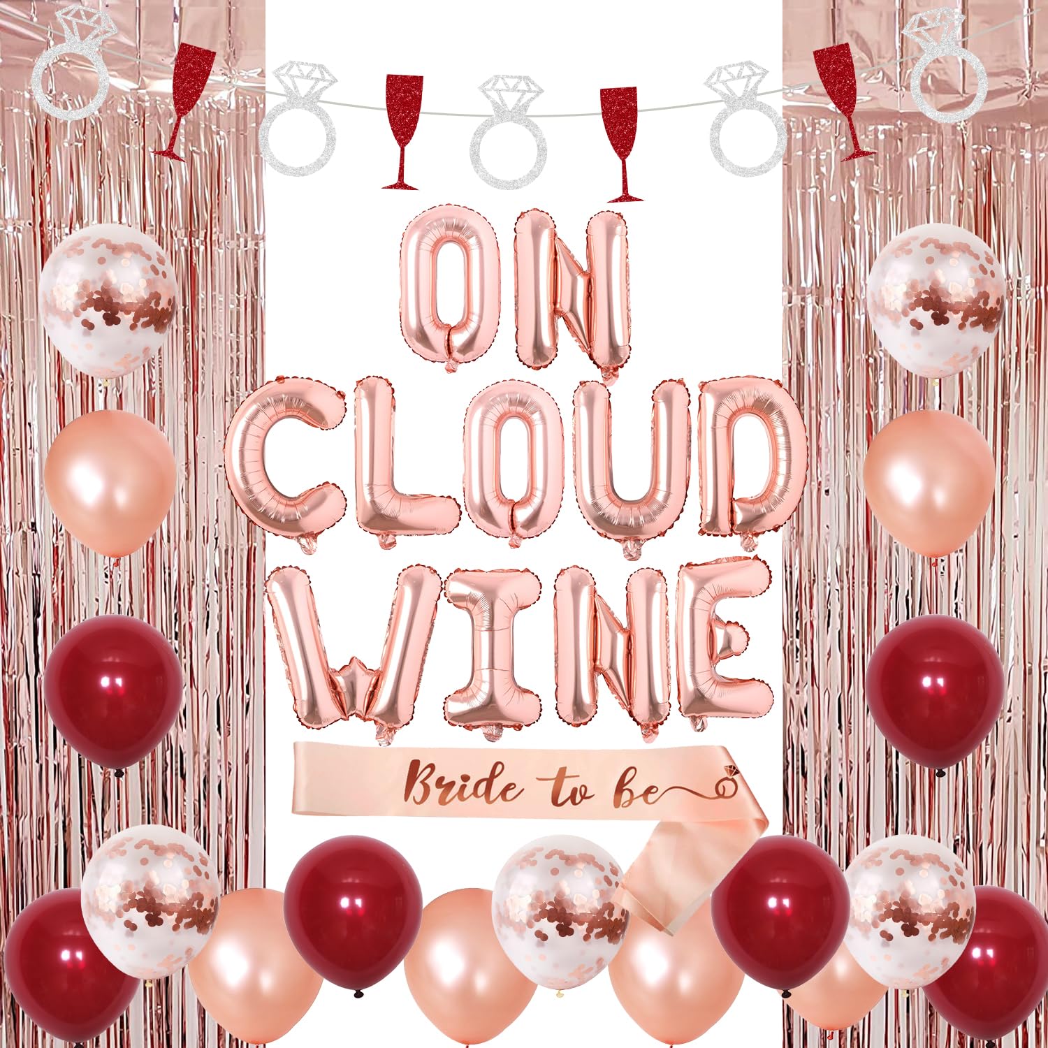 Bride On Cloud Wine Bachelorette Party Decoration, Wedding Bridal Shower Decorations with Wine Bottle Ring Garland, On Cloud Wine Foil Balloon Banner and Latex, Bride To Be Sash and Foil Curtain