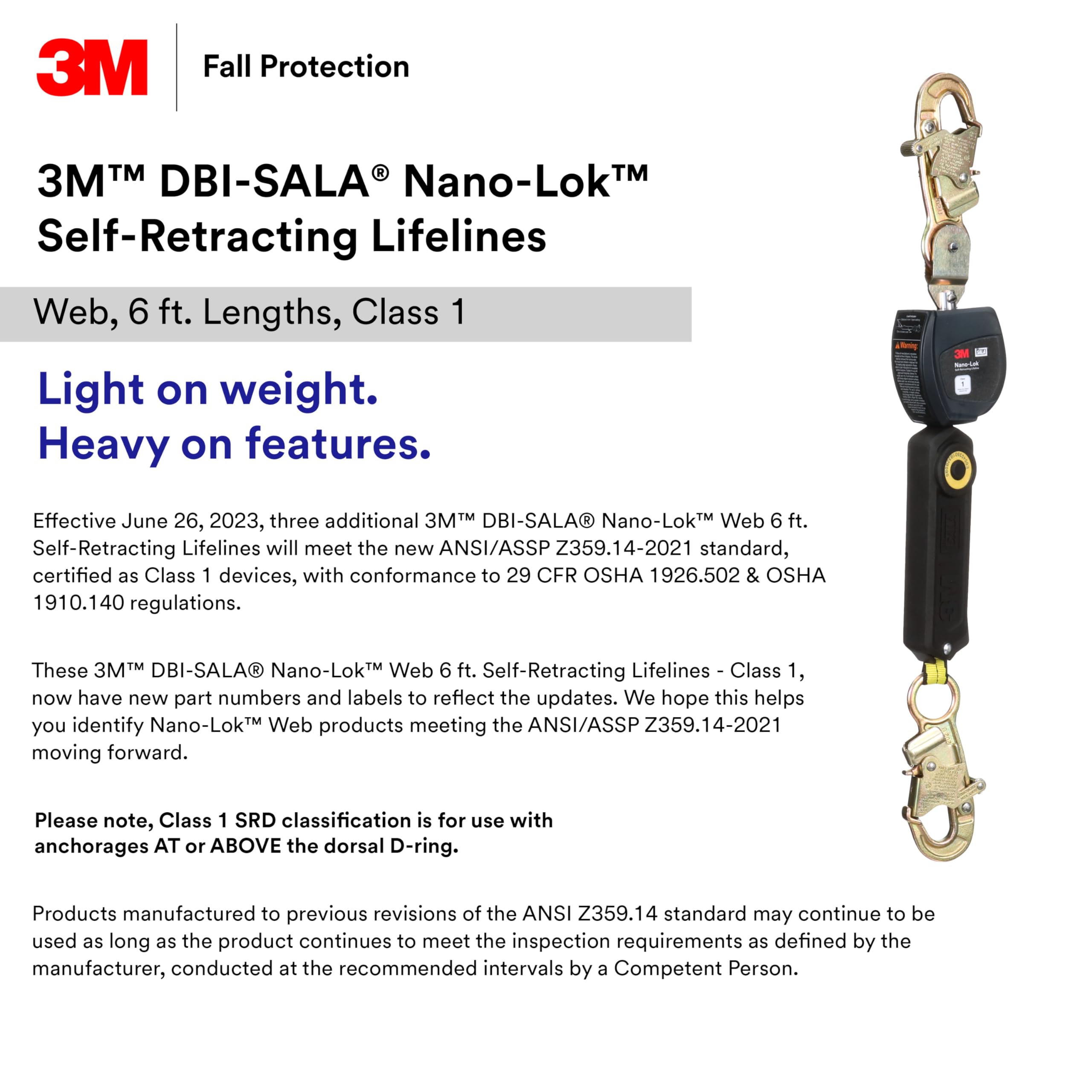 3M DBI-SALA Nano-Lok Personal Self Retracting Lifeline with Steel Snap Anchor Hook, Web, Steel Snap Hook, 3100543, 6 ft., ANSI