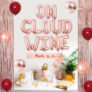 Bride On Cloud Wine Bachelorette Party Decoration, Wedding Bridal Shower Decorations with Wine Bottle Ring Garland, On Cloud Wine Foil Balloon Banner and Latex, Bride To Be Sash and Foil Curtain