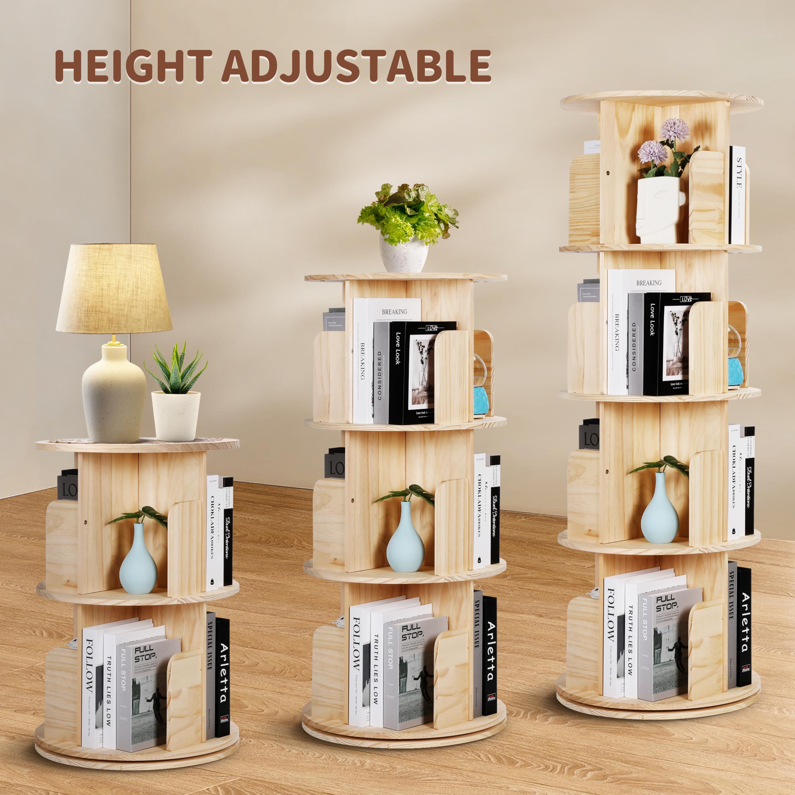 Rengue Rotating Bookshelf Tower, 4 Tiers Floor Standing Bookcase Storage Rack, 360 Display Round Spinning Bookshelf with Detachable Feet for Small Space, Bedroom, Living Room, Office