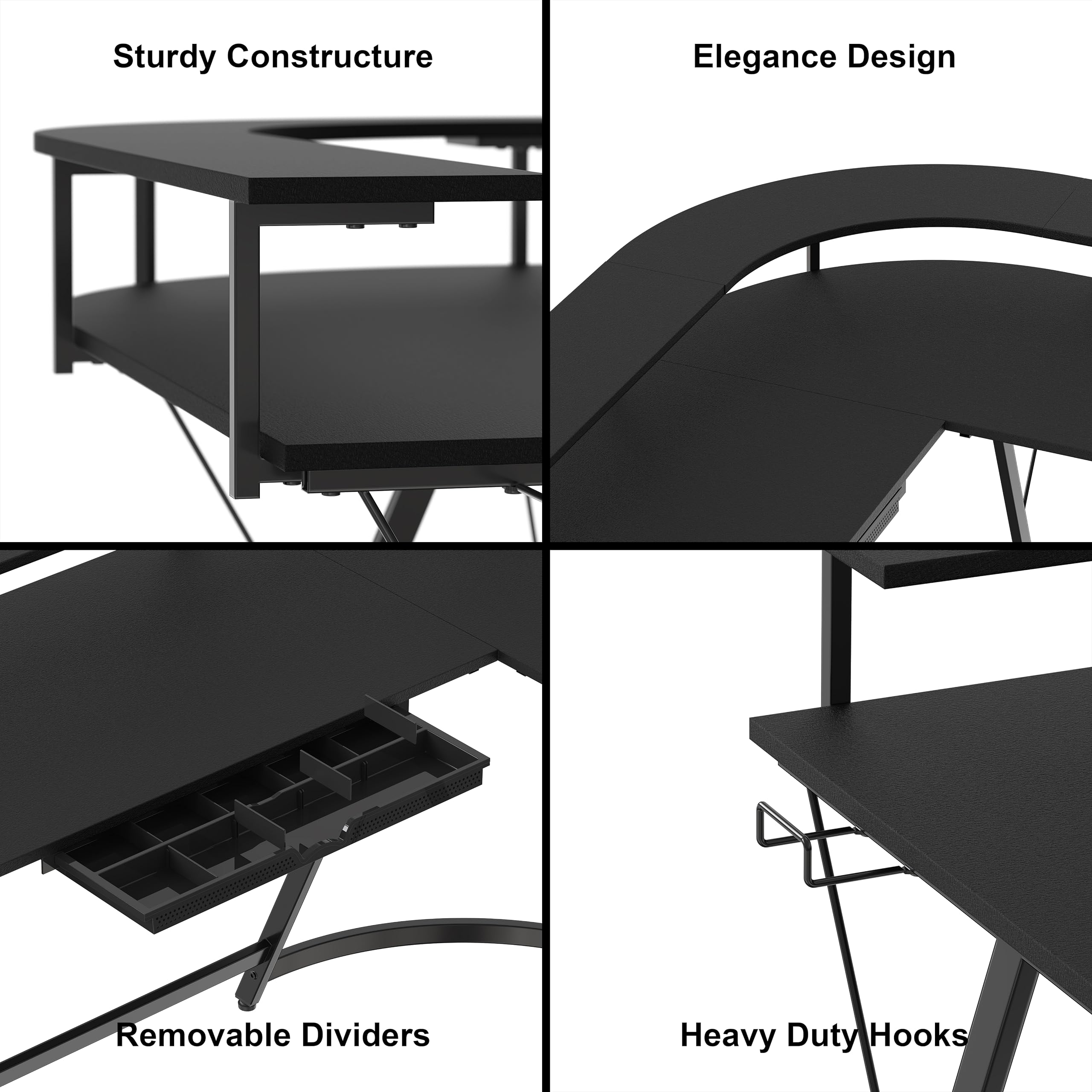 SHW L Shaped Gaming Desk with Full Around Monitor Stand and Drawer, Black