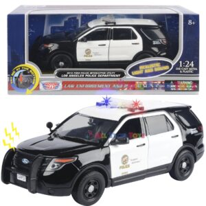 2015 police interceptor utility black and white los angeles police department (lapd) with flashing light bar and front and rear lights and sounds 1/24 diecast model car by motormax 79540