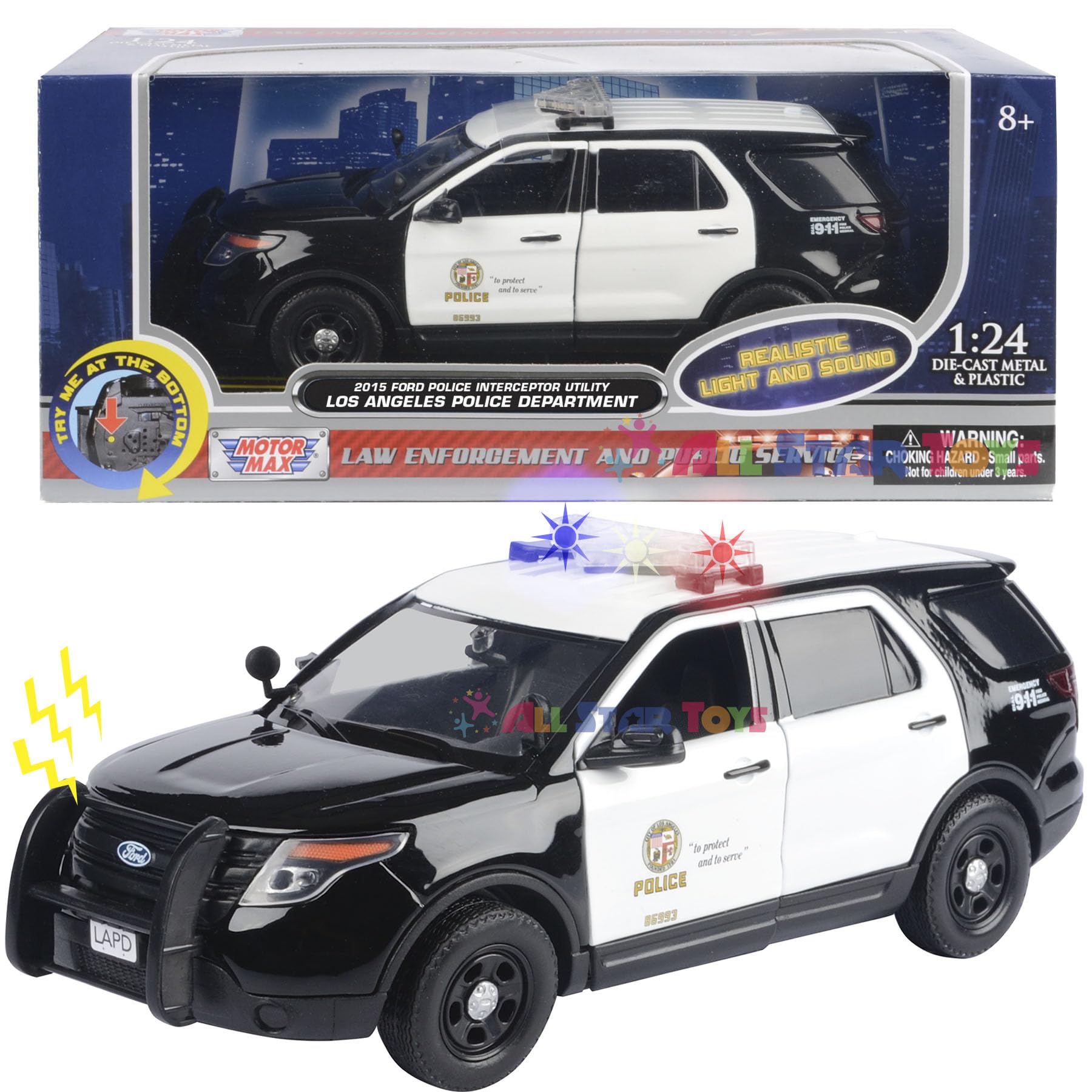 2015 Police Interceptor Utility Black and White Los Angeles Police Department (LAPD) with Flashing Light Bar and Front and Rear Lights and Sounds 1/24 Diecast Model Car by Motormax 79540