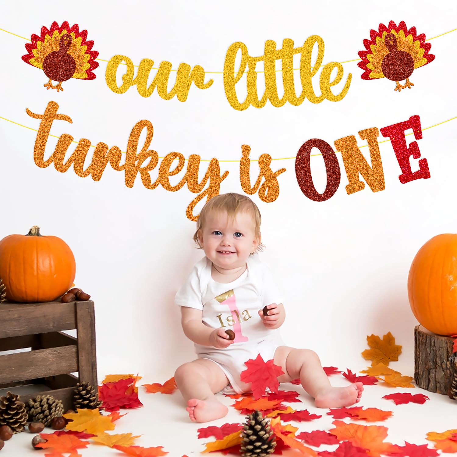 Our Little Turkey is One Banner Thanksgiving 1st Birthday Decoration First Fall Bday Decor Thankful 1st Birthday Baby Shower Garland Pumpkin Maple Leaves theme Event Celebration Supplies