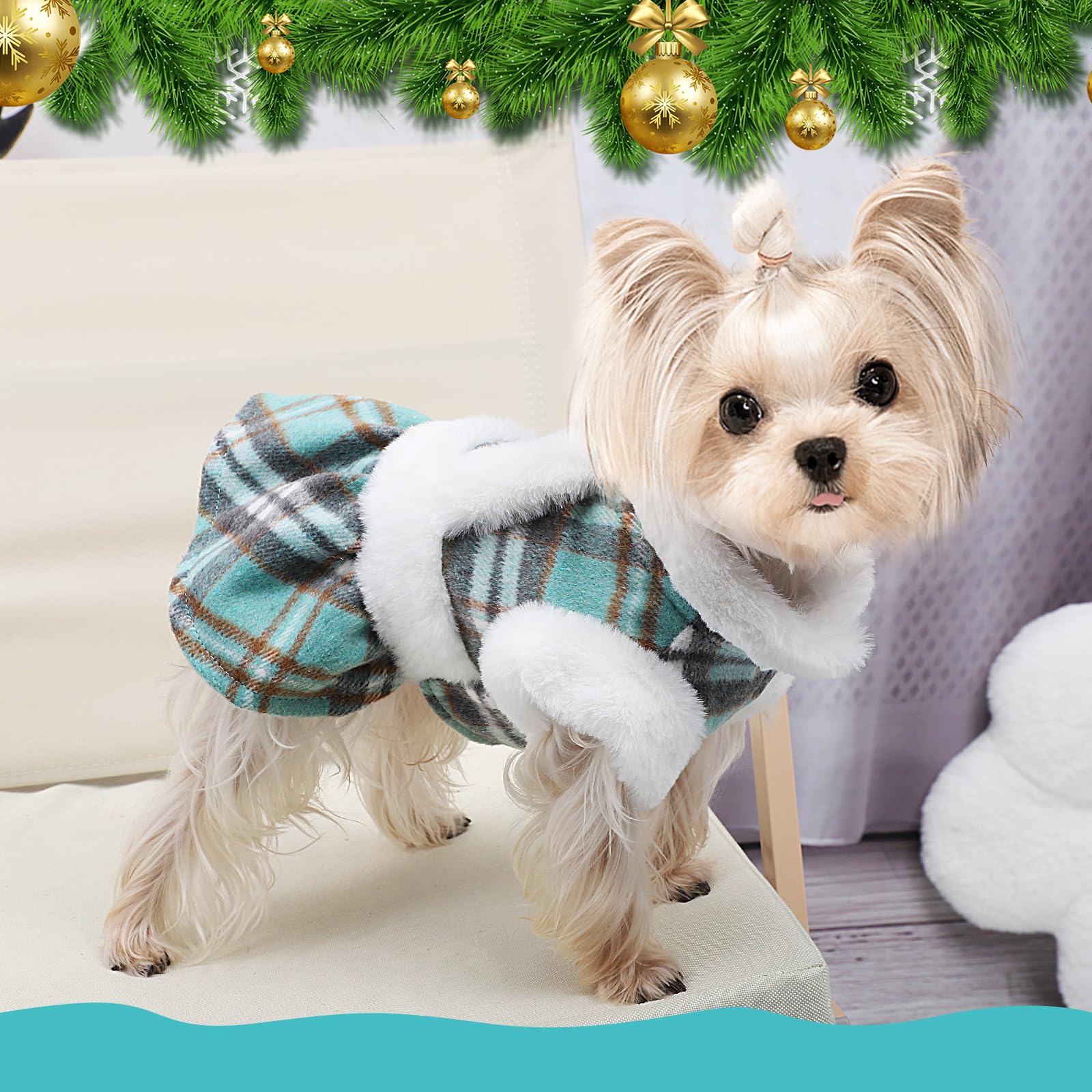 Girl Dog Sweater, Fleece Christmas Dog Dresses for Small Dogs Girl, Puppy Sweater Dog Winter Clothes, Pet Clothing Xmas Dog Sweater Dress Dog Outfit (Small, Greener)