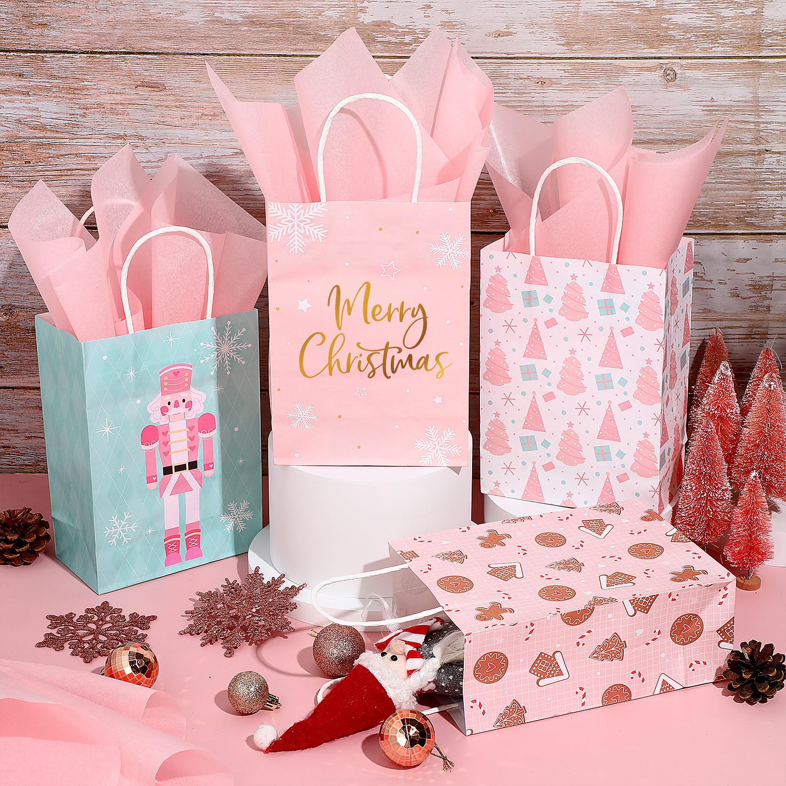 Zhanmai 24 Pcs Pink Christmas Gift Bags with Tissue Paper Gingerbread Gift Bags Nutcracker Wrapping Bags with Handles for Xmas Holiday Winter Baby Shower Birthday Favor Gift Wrapping, 8 x 6 x 3 Inch