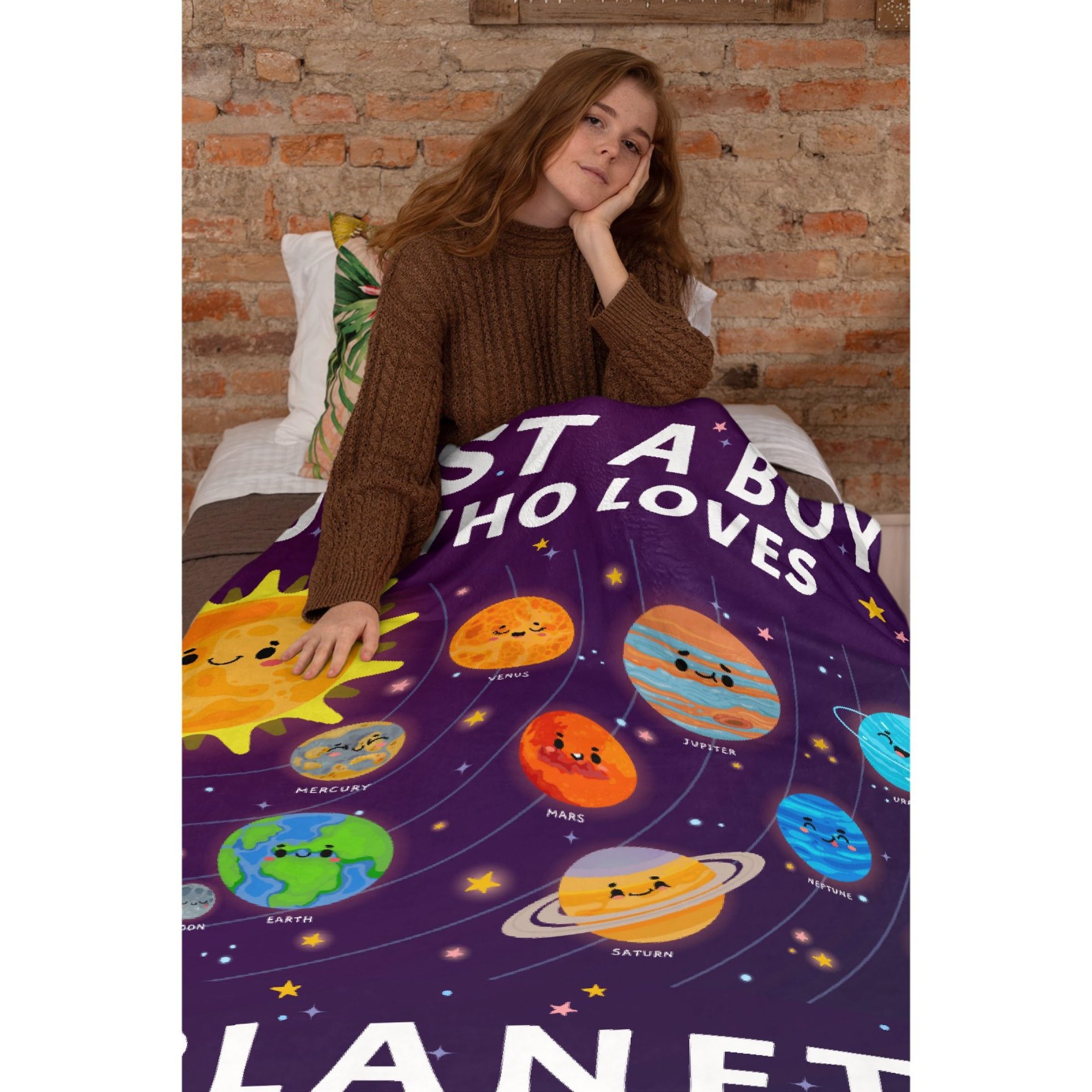 Anydia Just A Boy Who Loves Planets Solar System Blanket Gifts for Planets Solar System Lover 40 x 50 Inch for Kid, Fannel Fleece Throw Blanket Super Soft Throws Blanket for Bed Couch Sofa