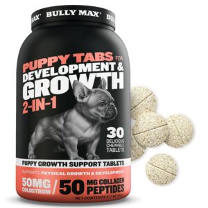 bully max 2-in-1 puppy vitamins - 30 chewable tablets for development and growth of puppies - dog treats, vitamin & supplements for small dogs & large breed growing pups - can be used as food topper