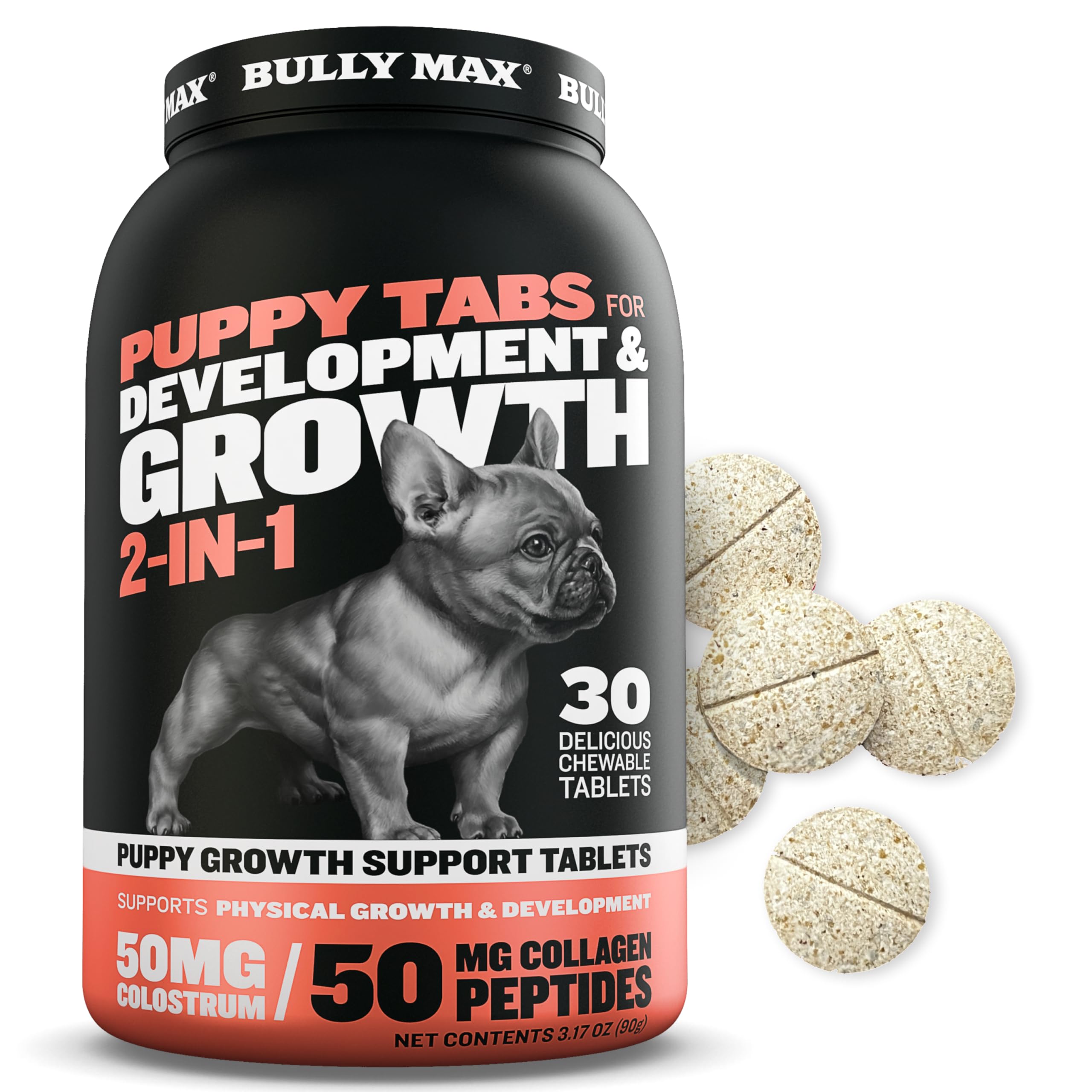 Bully Max 2-in-1 Puppy Vitamins - 30 Chewable Tablets for Development and Growth of Puppies - Dog Treats, Vitamin & Supplements for Small Dogs & Large Breed Growing Pups - Can Be Used as Food Topper