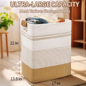 DOFASAYI Laundry Hamper - 85L Large Laundry Basket with Leather Handles, Decorative Storage Basket for Blankets - Clothes Hamper for Living Room, Bedroom, Jute & White