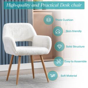 Homedraft Home Office Faux Fur Dining Chair, Fluffy Makeup Vanity Chair, Comfy Accent Armchair with Wood Grain Metal Legs, Cute Desk Chair with Hollowed Back, White