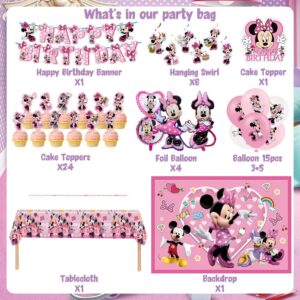 Pink Mouse Birthday Party Supplies, Pink Mouse Birthday Party Decorations Include Banner, Backdrop, Hanging Swirls, Foil Balloons, Cake Toppers, Tablecloth, Pink Mouse Girls Party Favors