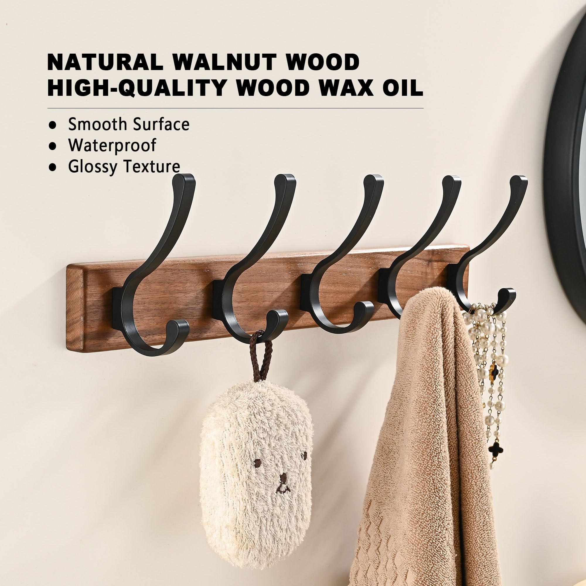 LECHYN 17.3" Small Wooden Coat Rack Wall Mount with 5 Hooks, Entryway Wall Hooks Coat Hanger for Hanging Towel Jacket Clothes Hat Backpack Shoe Purse Key Holder Multi Hook Rail by Black Walnut Wood