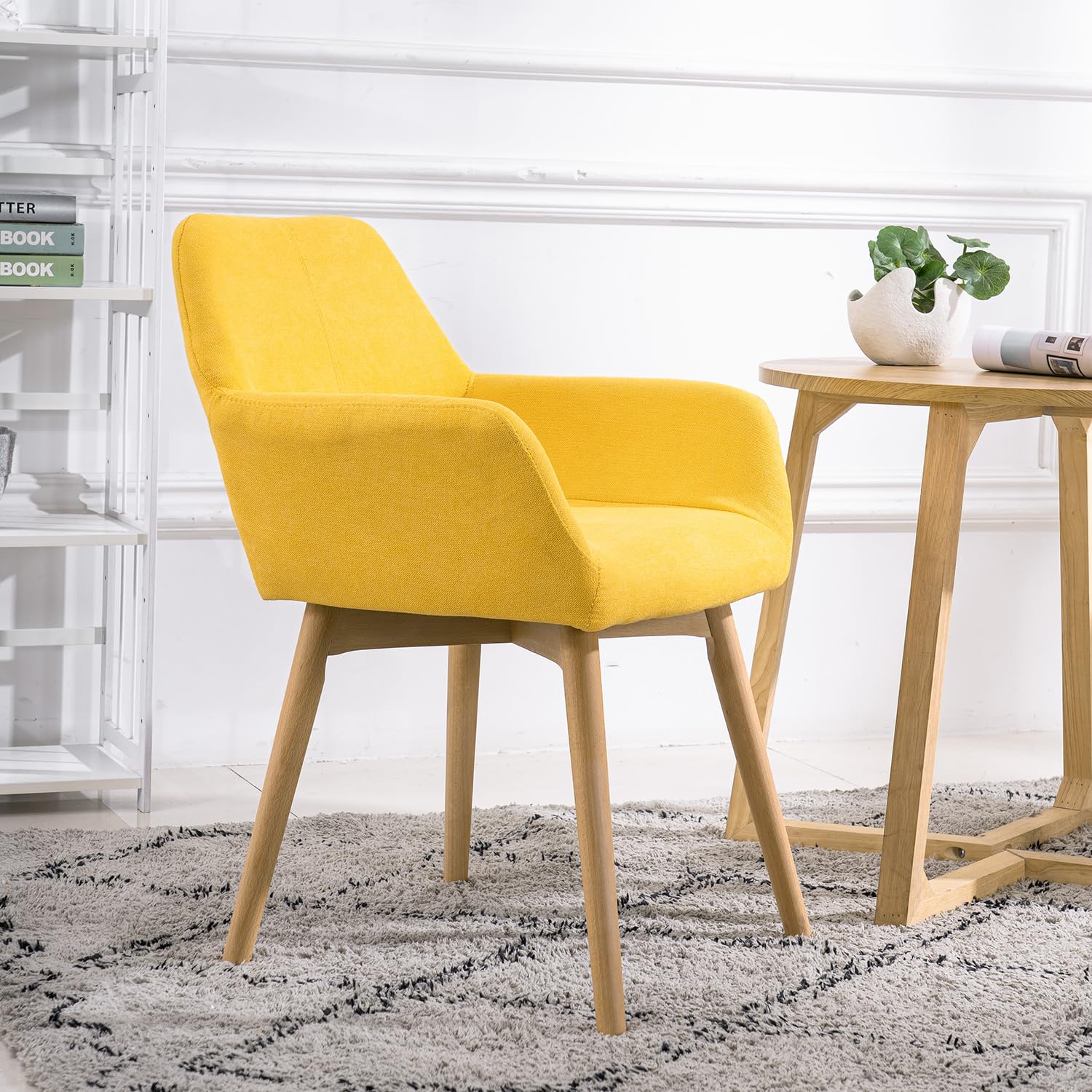 YEEFY Desk Chair No Wheels Vanity Chair Makeup Chair Comfy Accent Chair for Living Dining Room Bedroom Home Office Mid Century Modern Upholstered Arm Chair Sofa Chair (Yellow, 1)