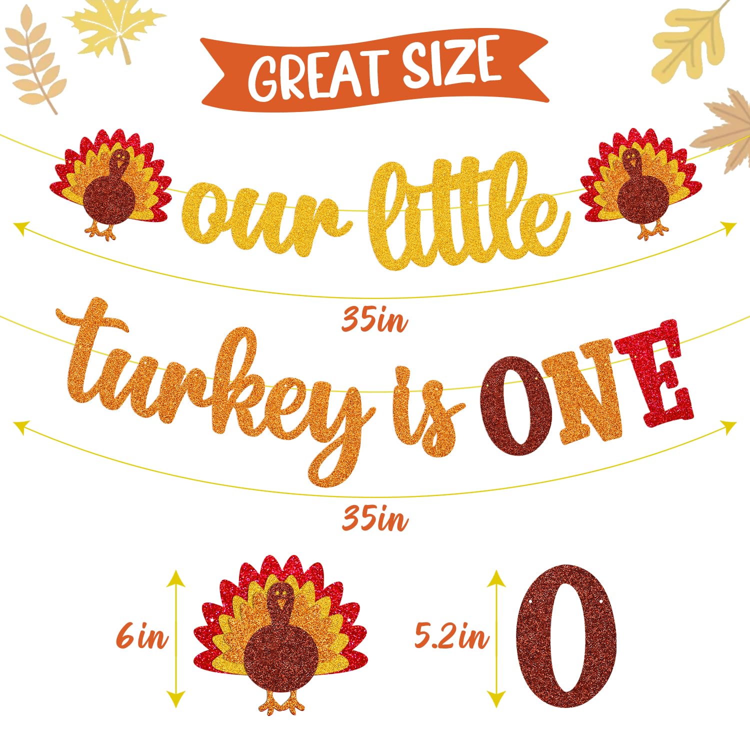 Our Little Turkey is One Banner Thanksgiving 1st Birthday Decoration First Fall Bday Decor Thankful 1st Birthday Baby Shower Garland Pumpkin Maple Leaves theme Event Celebration Supplies