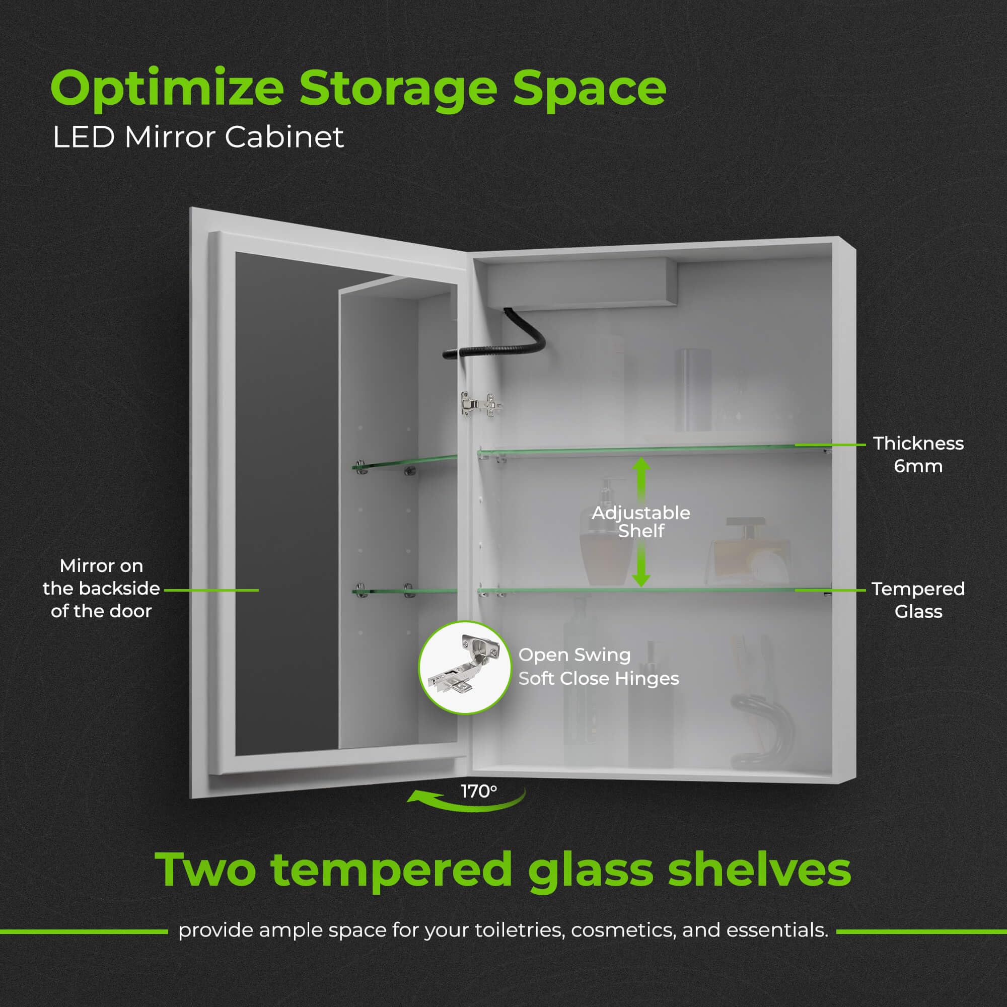 LED Lighted Medicine Cabinet Mirror 20" W x 28" H with 2 Adjustable Glass Shelves, Recessed or Surface Mount Bathroom Wall Cabinet with Touch Sensor, Defogger, Light Color Dimmer (3000-6500K)