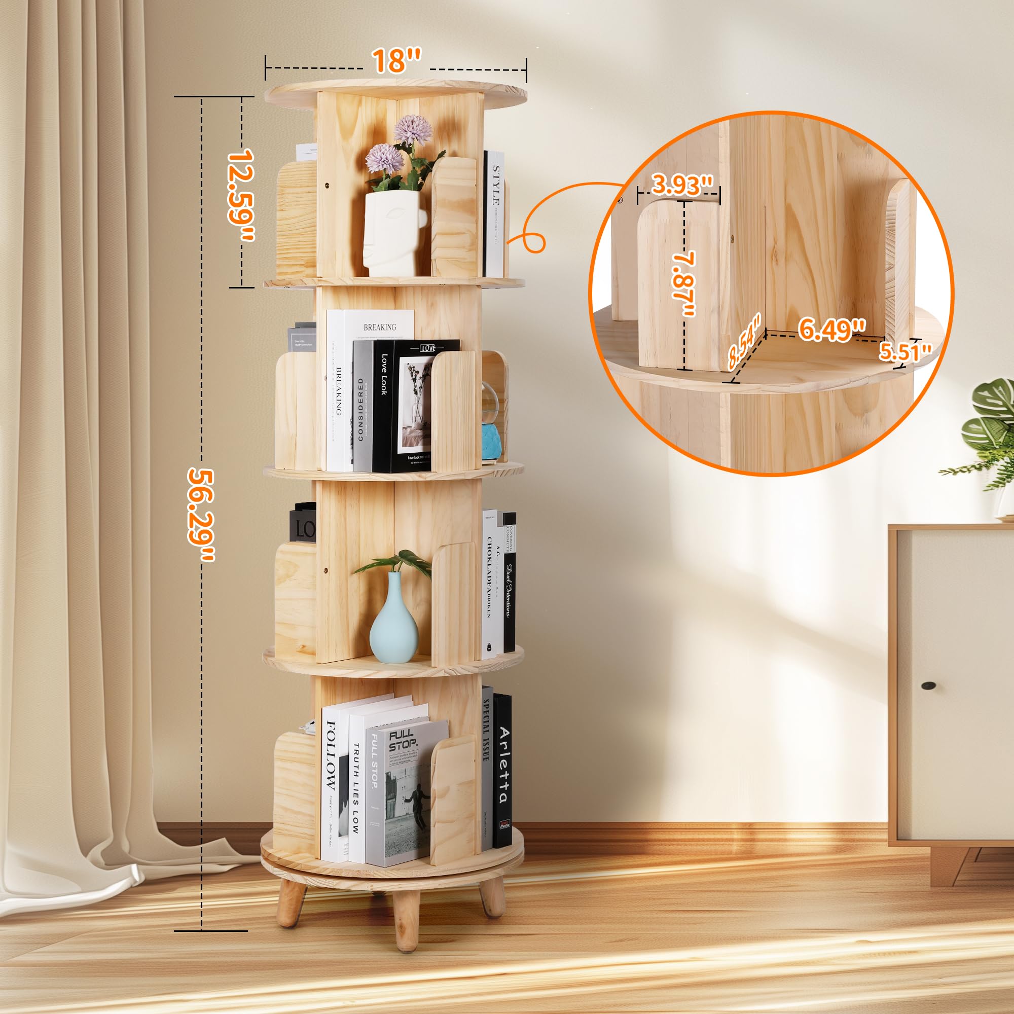 Rengue Rotating Bookshelf Tower, 4 Tiers Floor Standing Bookcase Storage Rack, 360 Display Round Spinning Bookshelf with Detachable Feet for Small Space, Bedroom, Living Room, Office