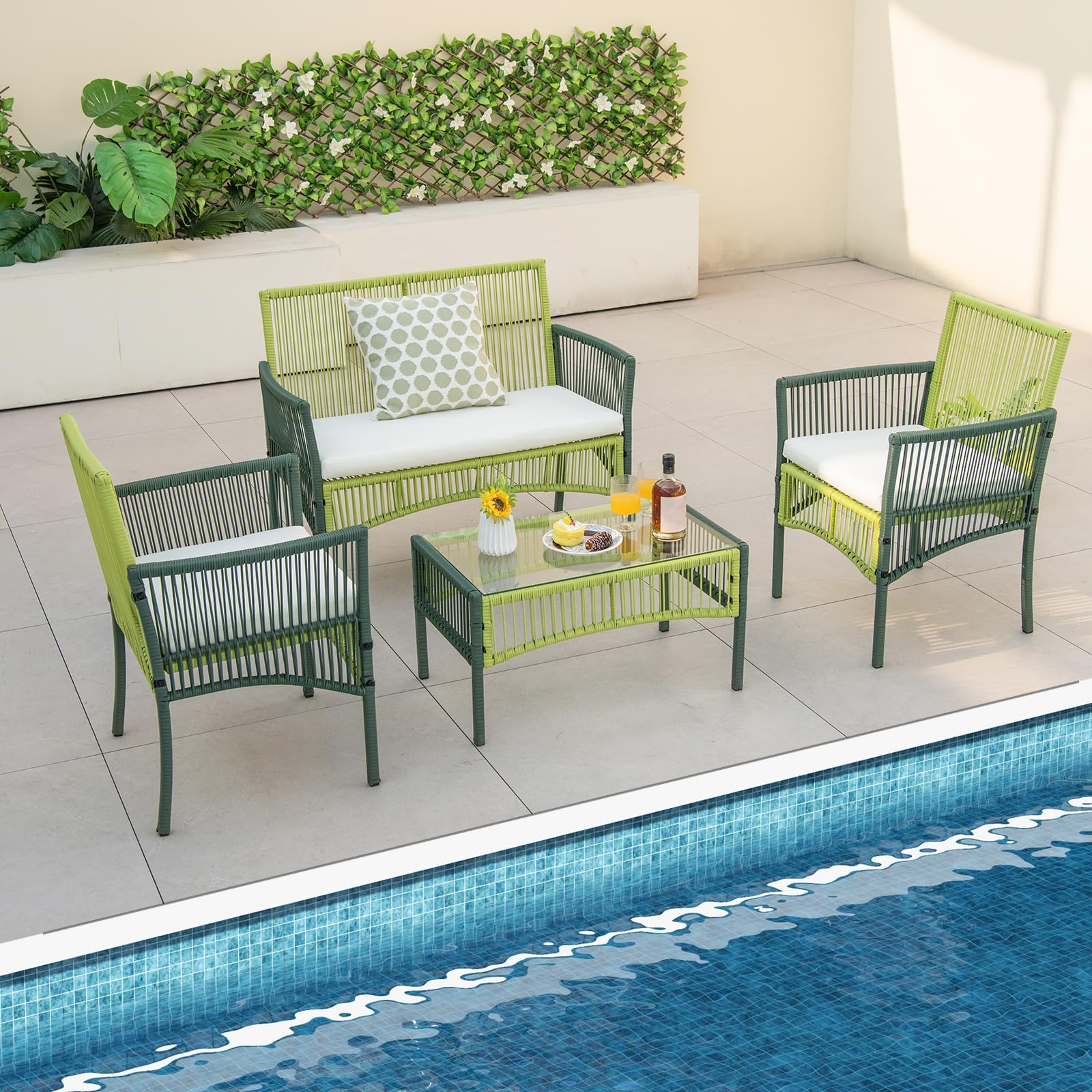 Tangkula 4 Pieces Outdoor Rattan Chair Set, Patiojoy Patio Wicker Conversation Set W/Soft Cushions, Tempered Glass Tabletop, Solid Metal Frame, for Backyard, Poolside, Balcony