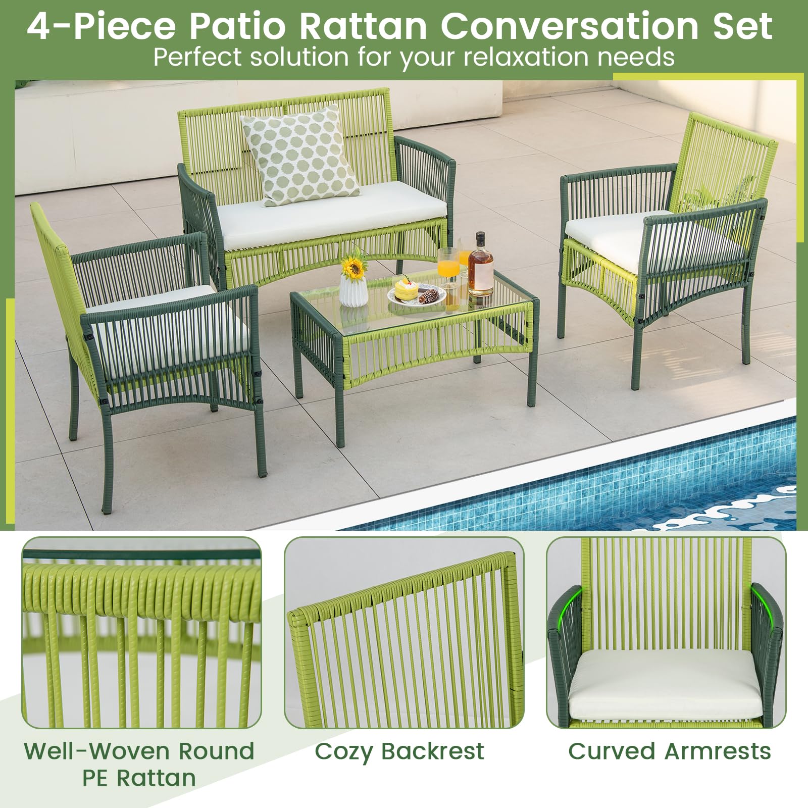 Tangkula 4 Pieces Outdoor Rattan Chair Set, Patiojoy Patio Wicker Conversation Set W/Soft Cushions, Tempered Glass Tabletop, Solid Metal Frame, for Backyard, Poolside, Balcony