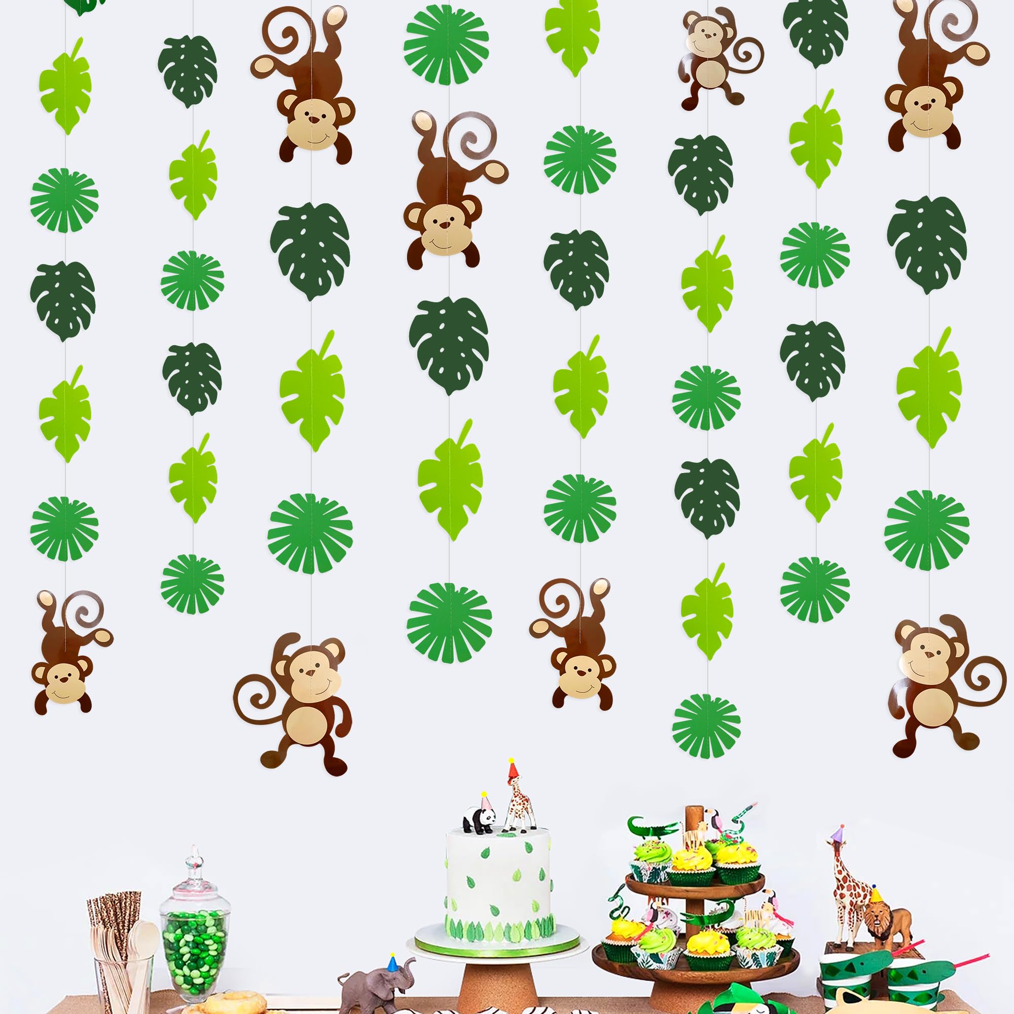 Monkey Palm Leaves Cutouts Garland Jungle Party Decorations Monkeys Hanging Wall Decorations for Kids Wild One Birthday Tropical Jungle Safari Animal Party Banner Backdrop for Boys Baby Shower Decor