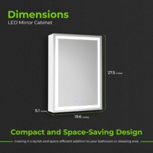 LED Lighted Medicine Cabinet Mirror 20" W x 28" H with 2 Adjustable Glass Shelves, Recessed or Surface Mount Bathroom Wall Cabinet with Touch Sensor, Defogger, Light Color Dimmer (3000-6500K)