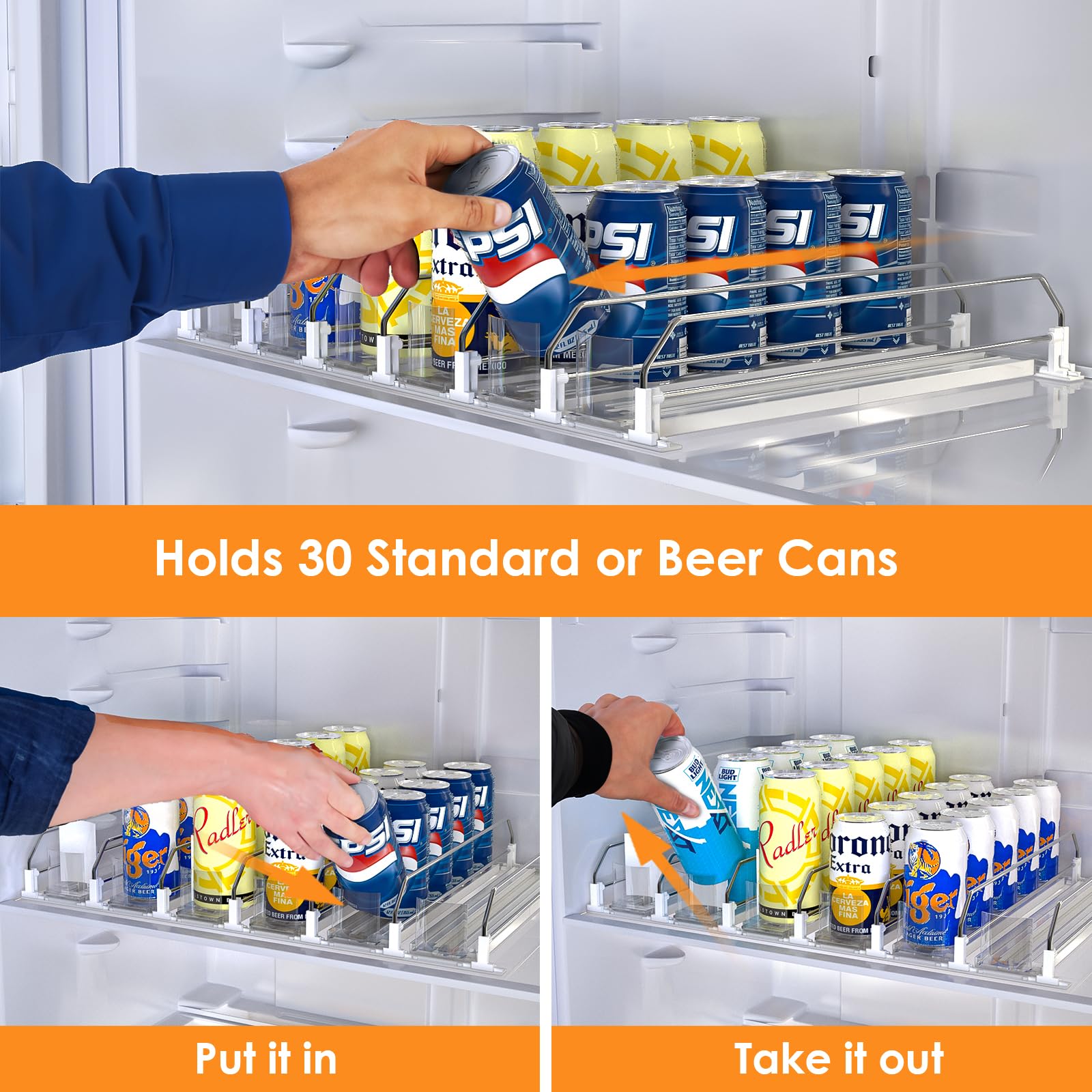 Minicloss Drink Organizer for Fridge,Fridge Organization,Soda Can Organizer,Spring Loaded Beverage Storage (6 Row, White)