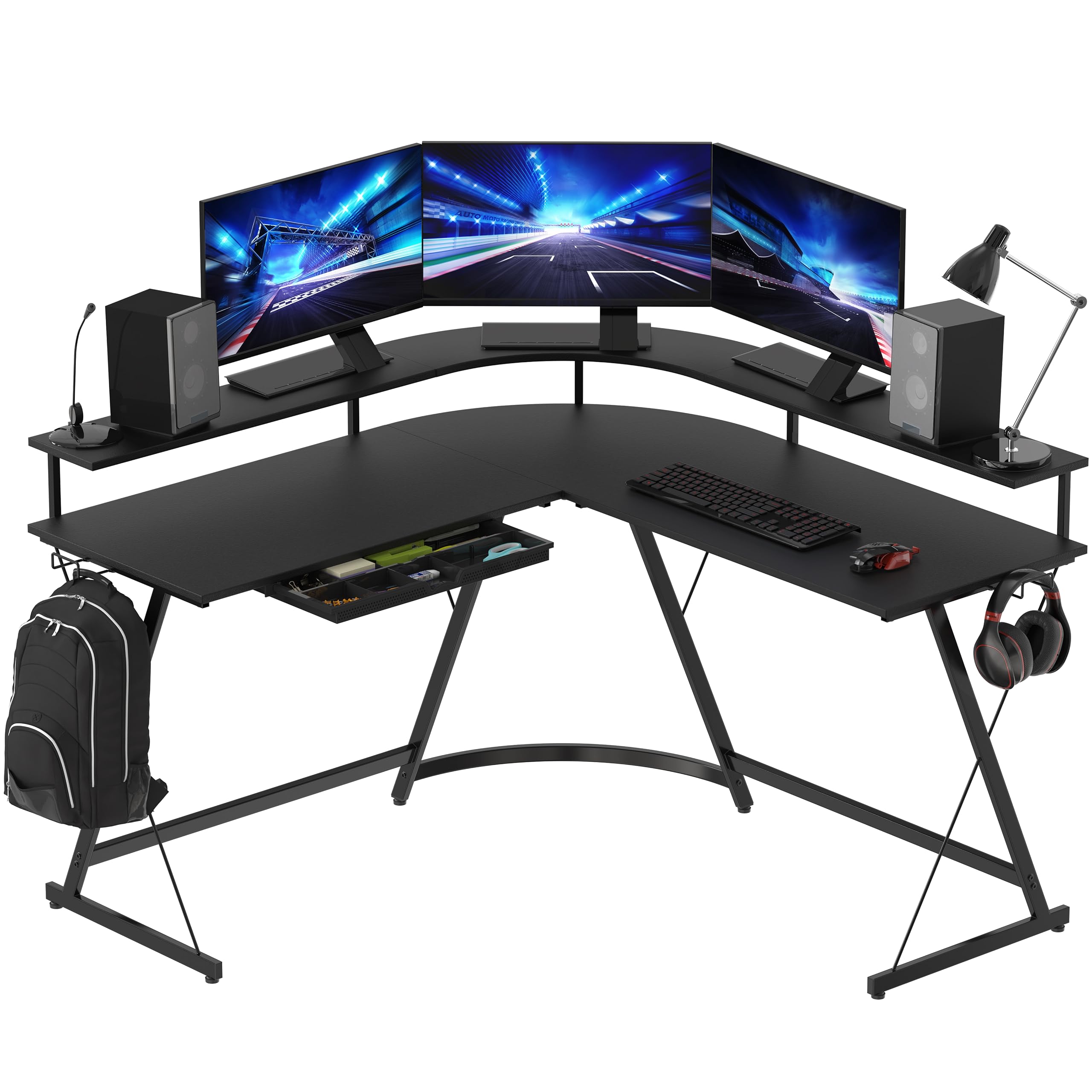 SHW L Shaped Gaming Desk with Full Around Monitor Stand and Drawer, Black