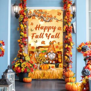 Fall Decorations - Happy Fall Y'all Door Cover Fall Thanksgiving Door Banner Thanksgiving Dwarf Pumpkin Banner Photo Background for Happy Fall Y'all Harvest Party Supplies,Autumn Decorations