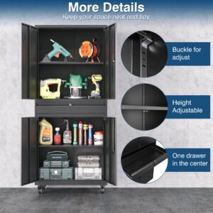 AFAIF Black Metal Storage Cabinet with Wheels, 73" Tall Garage Rolling Storage Cabinet with Doors and Shelves, Lockable Tool Cabinet Steel Locking Cabinets for Home Office, Garage, Pantry