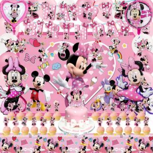 pink mouse birthday party supplies, pink mouse birthday party decorations include banner, backdrop, hanging swirls, foil balloons, cake toppers, tablecloth, pink mouse girls party favors