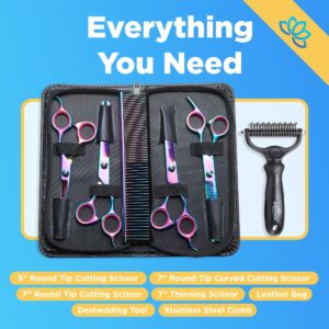 Equinox Dog Grooming Scissors & Deshedder - 7 in 1 Pet Grooming Scissors Set with undercoat brush - Curved Dog Scissors with safety tips - Includes Thinning & Rounded Shears - For dogs & cats