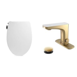 bathroom refresh bundle includes (1) bio bidet by bemis slim zero bidet toilet seat, round, white and (1) grove motion activated hands free bathroom faucet in champagne finish