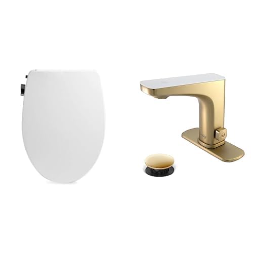 Bathroom Refresh Bundle Includes (1) Bio Bidet by Bemis Slim Zero Bidet Toilet Seat, Round, White and (1) Grove Motion Activated Hands Free Bathroom Faucet in Champagne Finish