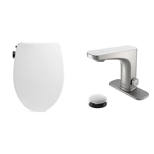 Bathroom Refresh Bundle Includes (1) Bio Bidet by Bemis Slim Zero Bidet Toilet Seat, Round, White and (1) Grove Motion Activated Hands Free Bathroom Faucet in Brushed Nickel Finish